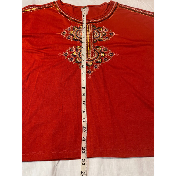 Chico's 2P (LP/12) Embroidered Burnt Orange Boho 3/4 Sleeve Shirt Sequins *Read - Picture 9 of 12